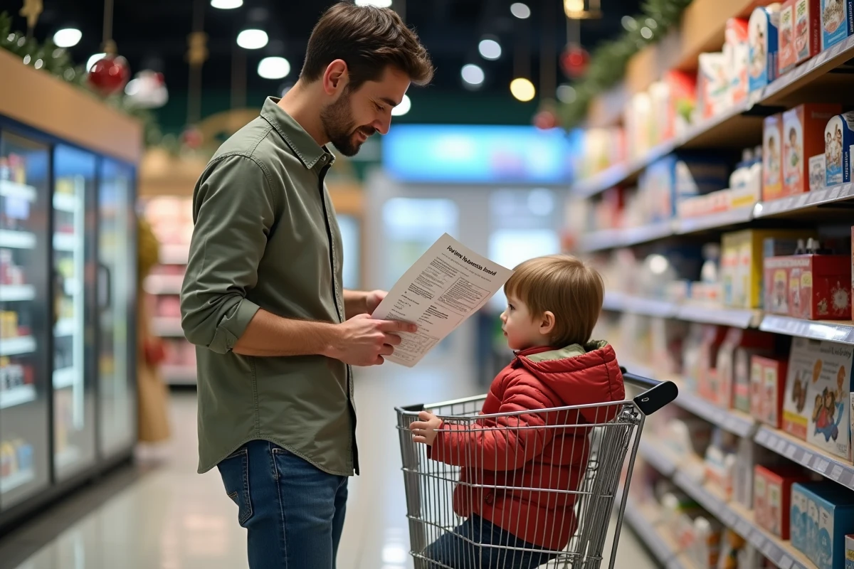 Père faisant ses courses avec son enfant au supermarché
