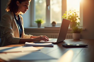 Personne dans un bureau moderne effectuant un transfert sur un ordinateur portable