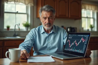 Petit porteur boursier inquiet devant son écran de trading avec des graphiques d'actions Orange sur un ordinateur portable, assis dans sa cuisine