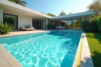 Piscine moderne dans un jardin bien entretenu avec mesure