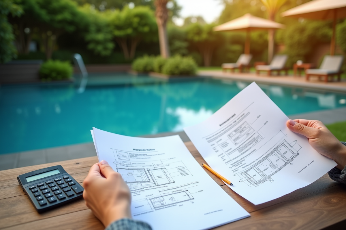 Mains tenant des plans et documents pour la piscine avec outils