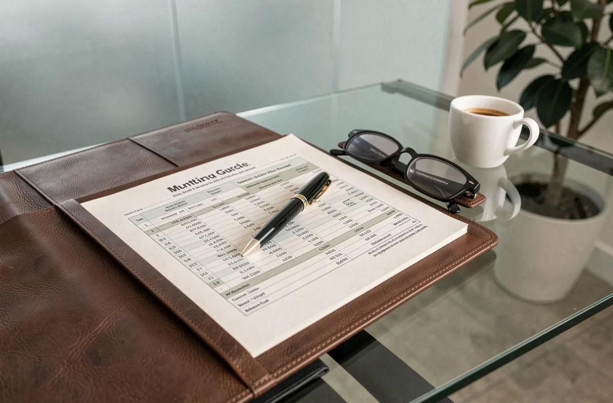 Portfolio en cuir ouvert sur des documents financiers et un stylo Mont Blanc sur une table de salle de réunion, symbolisant la gestion d'un patrimoine financier important