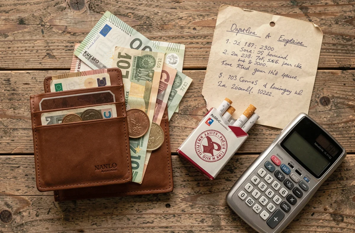 Comparaison des prix des cigarettes en Italie avec euros, paquet de tabac et calculatrice sur une table en bois