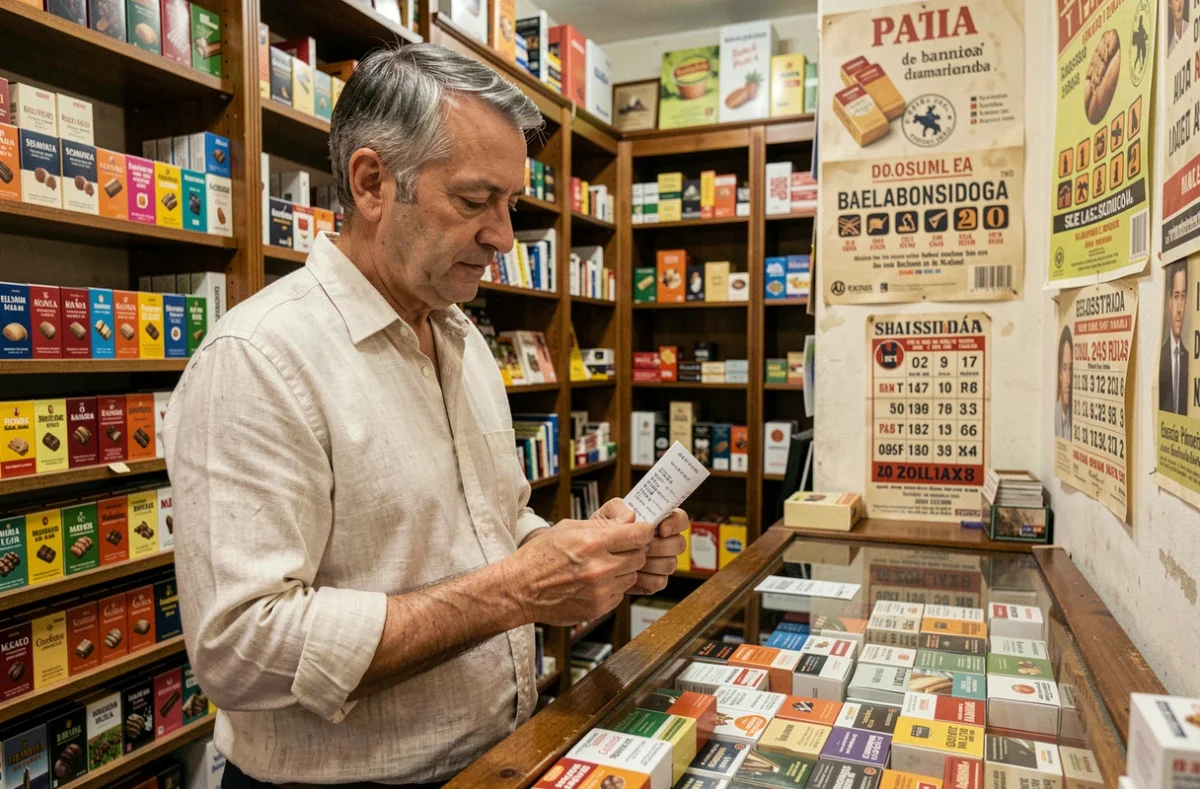 Homme examinant un paquet de cigarettes dans un estanco espagnol en comparant les prix