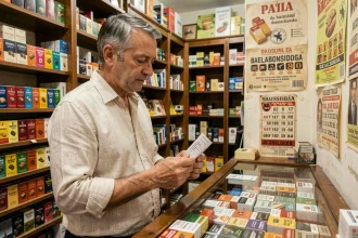 Homme examinant un paquet de cigarettes dans un estanco espagnol en comparant les prix