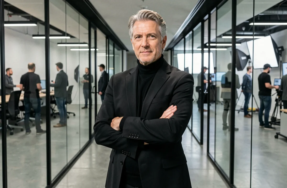 Homme charismatique d'âge mûr en tenue noire dans le couloir d'une chaîne de télévision parisienne, posture assurée et regard intellectuel