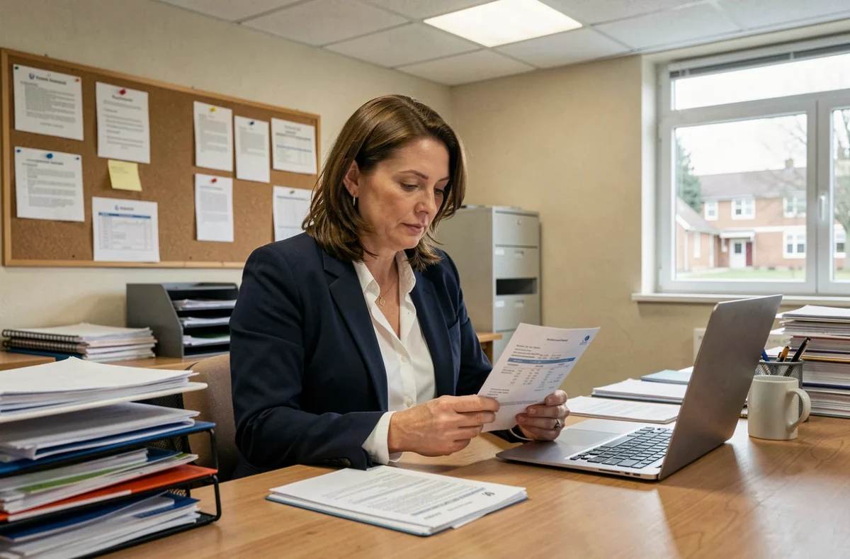 Professeure consultant sa fiche de paie et ses documents de salaire dans une salle des professeurs d'école publique française