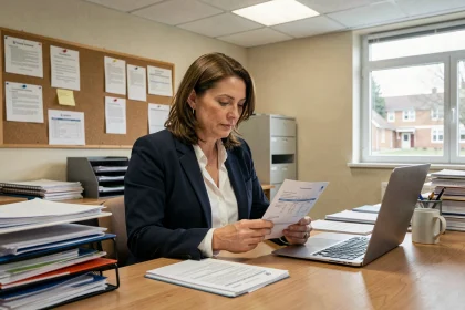 Professeure consultant sa fiche de paie et ses documents de salaire dans une salle des professeurs d'école publique française