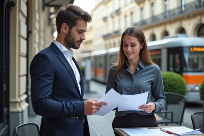 Deux professionnels à geneve examinant des papiers de travail
