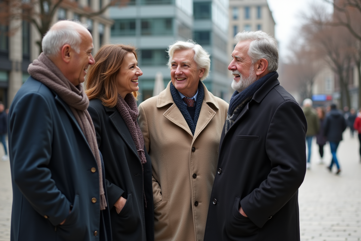 Groupe de professionnels âgés discutant en plein air en ville