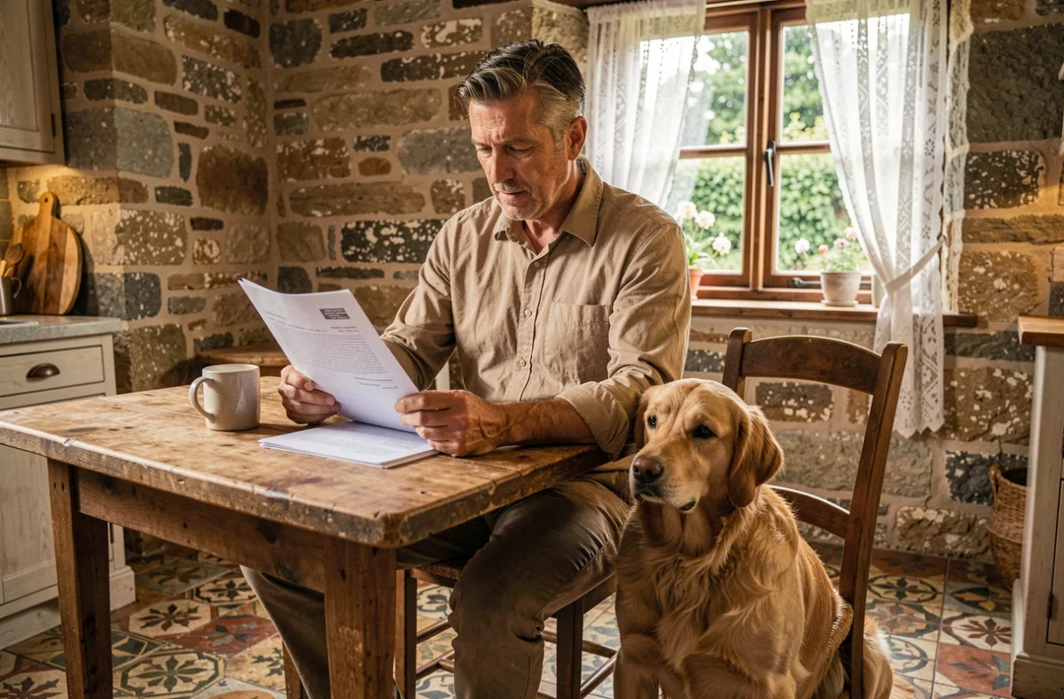 Propriétaire de chien de chasse étudiant un contrat d'assurance à domicile avec son Golden Retriever à ses côtés, pour choisir la meilleure couverture