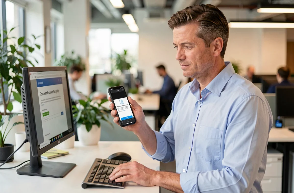 Homme consultant un email de récupération de mot de passe sur son smartphone en open space