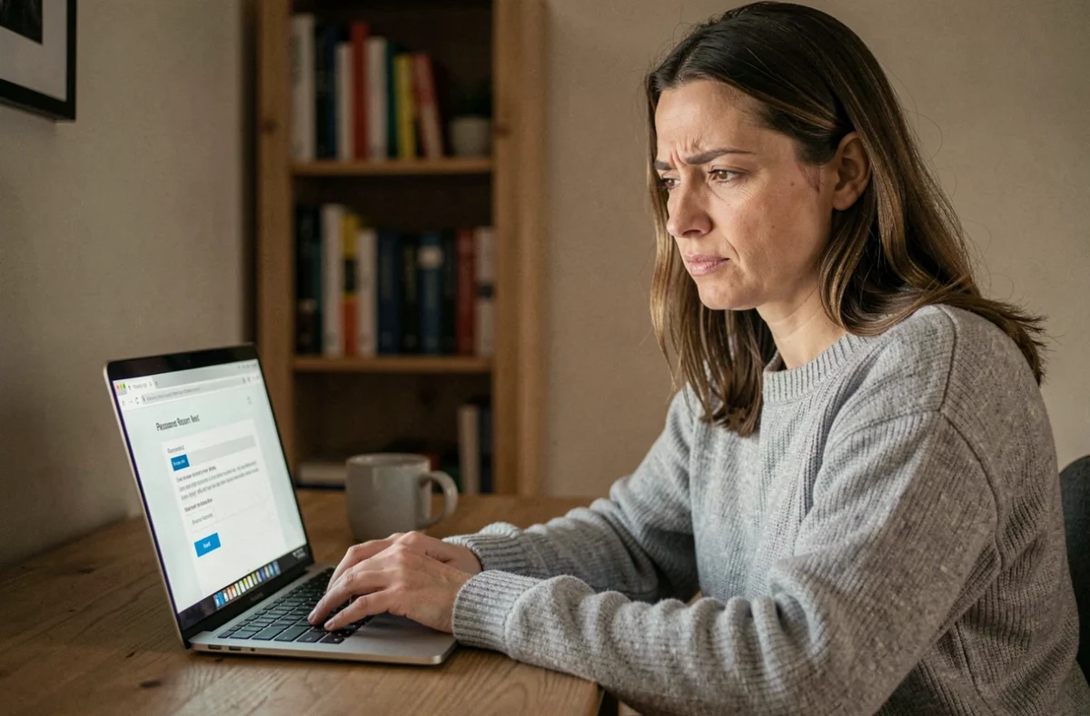 Femme réinitialisant son mot de passe sur un ordinateur portable dans un bureau à domicile