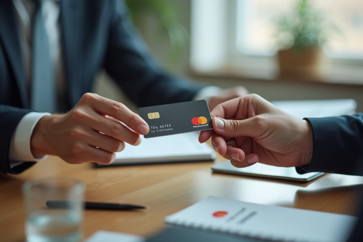 Gros plan sur la remise d'une carte Mastercard Crédit Agricole lors d'une négociation tarifaire en agence bancaire