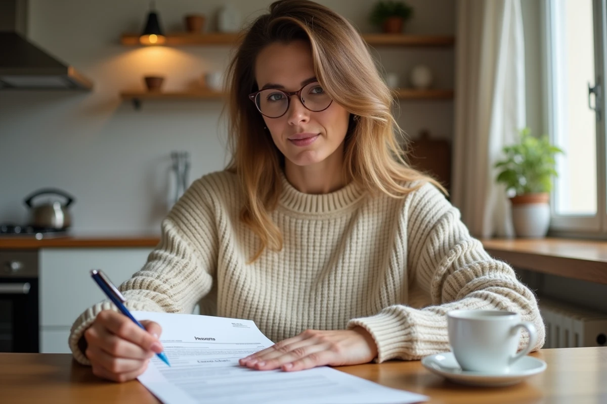 Femme consultant des documents d'assurance auto à la maison avant de résilier son contrat Matmut
