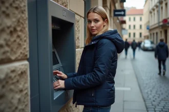 Femme utilisant un distributeur automatique en ville inconnue en adoptant des gestes de sécurité pour protéger son code PIN