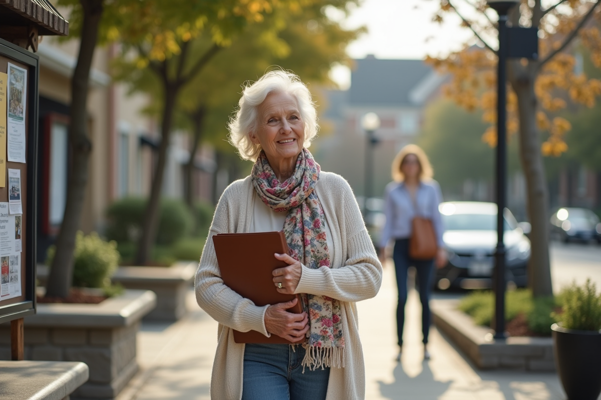 Femme retraitée marchant dans un quartier calme