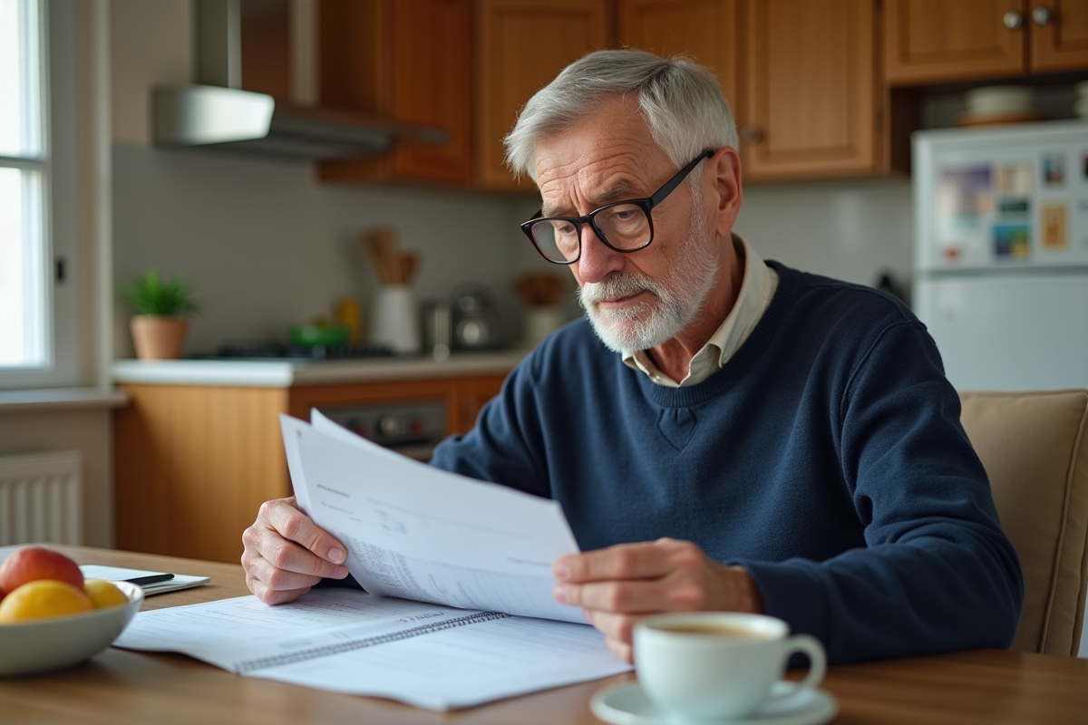 Homme retraité concentré sur ses documents financiers à la maison