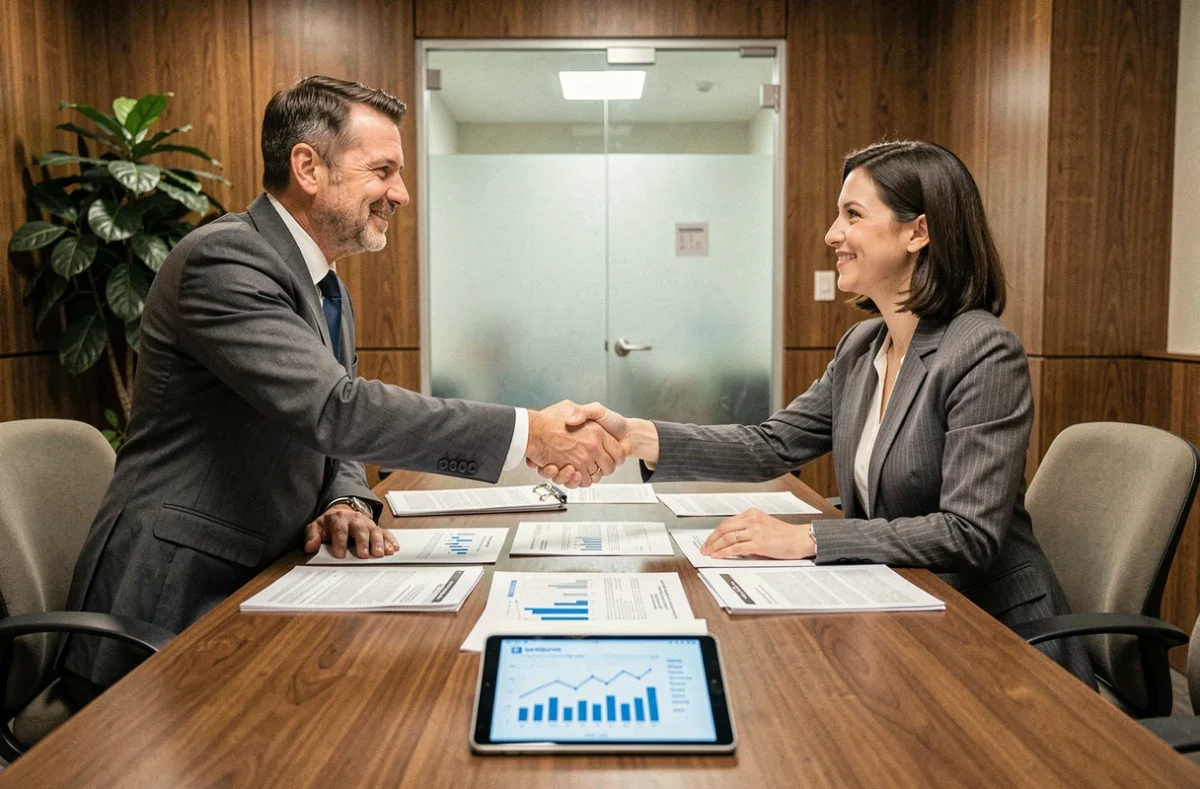 Deux professionnels signant un contrat d'assurance lors d'une réunion d'affaires, symbolisant le partenariat avec un courtier en assurance pour entreprise