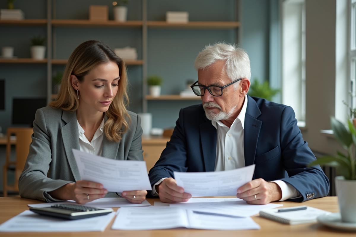 Une femme d'âge moyen et un homme âgé examinent des documents de pension