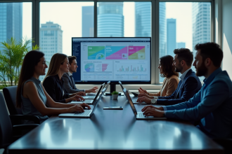 Groupe de professionnels autour d'une table avec écrans fintech