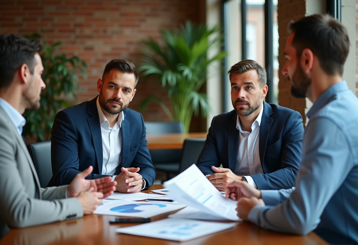 Groupe de leaders en discussion dans un espace de coworking