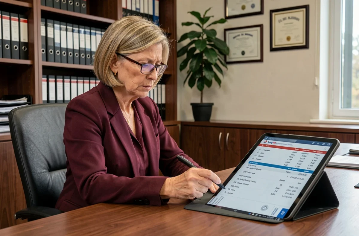 Responsable des ressources humaines analysant une fiche de paie sur tablette pour corriger les erreurs de calcul du SMIC 25 heures