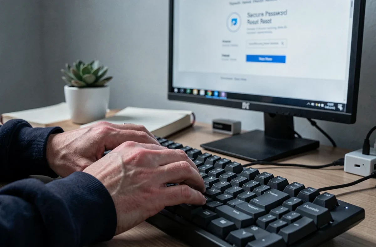 Gros plan sur des mains saisissant un nouveau mot de passe sur un clavier d'ordinateur
