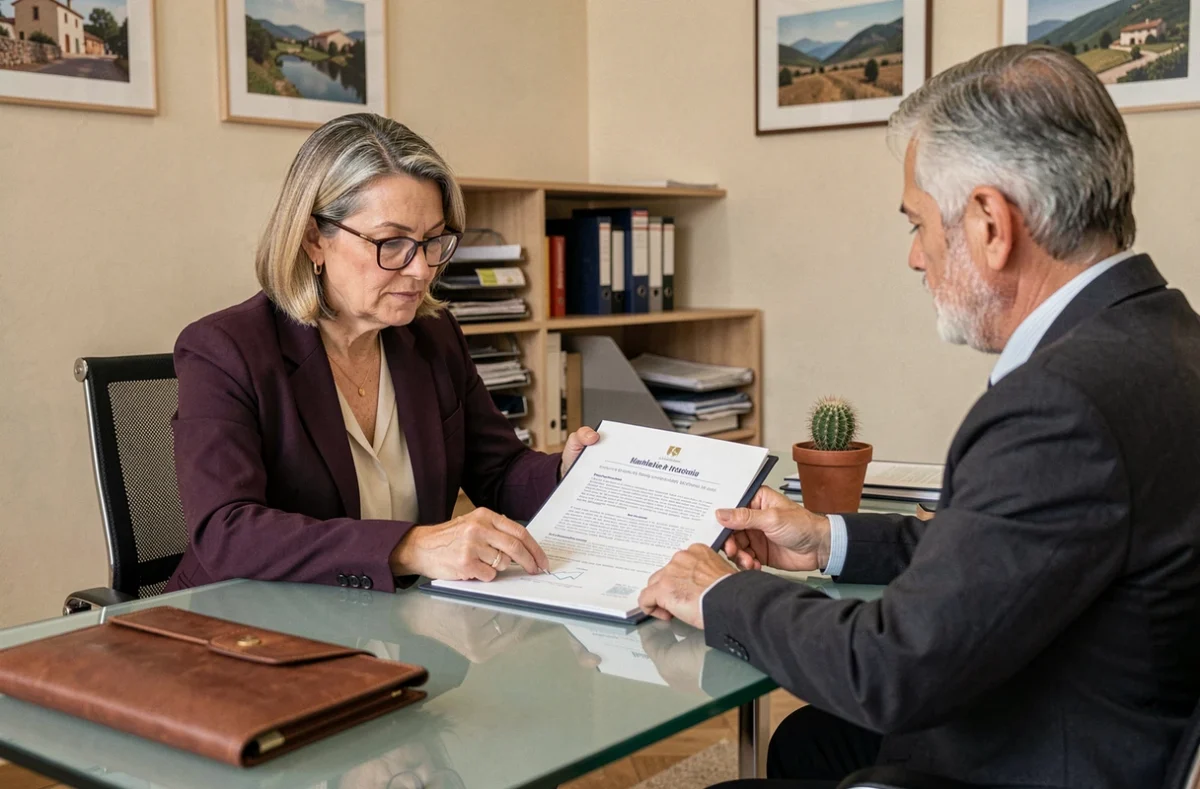 Conseillère de SD Conseils & Patrimoine en Occitanie examinant un rapport de stratégie patrimoniale avec un client dans un bureau organisé