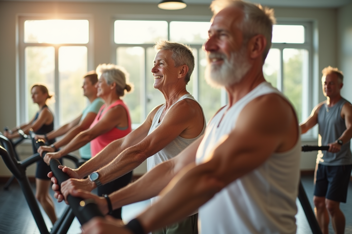 Seniors actifs dans une salle de sport lumineuse
