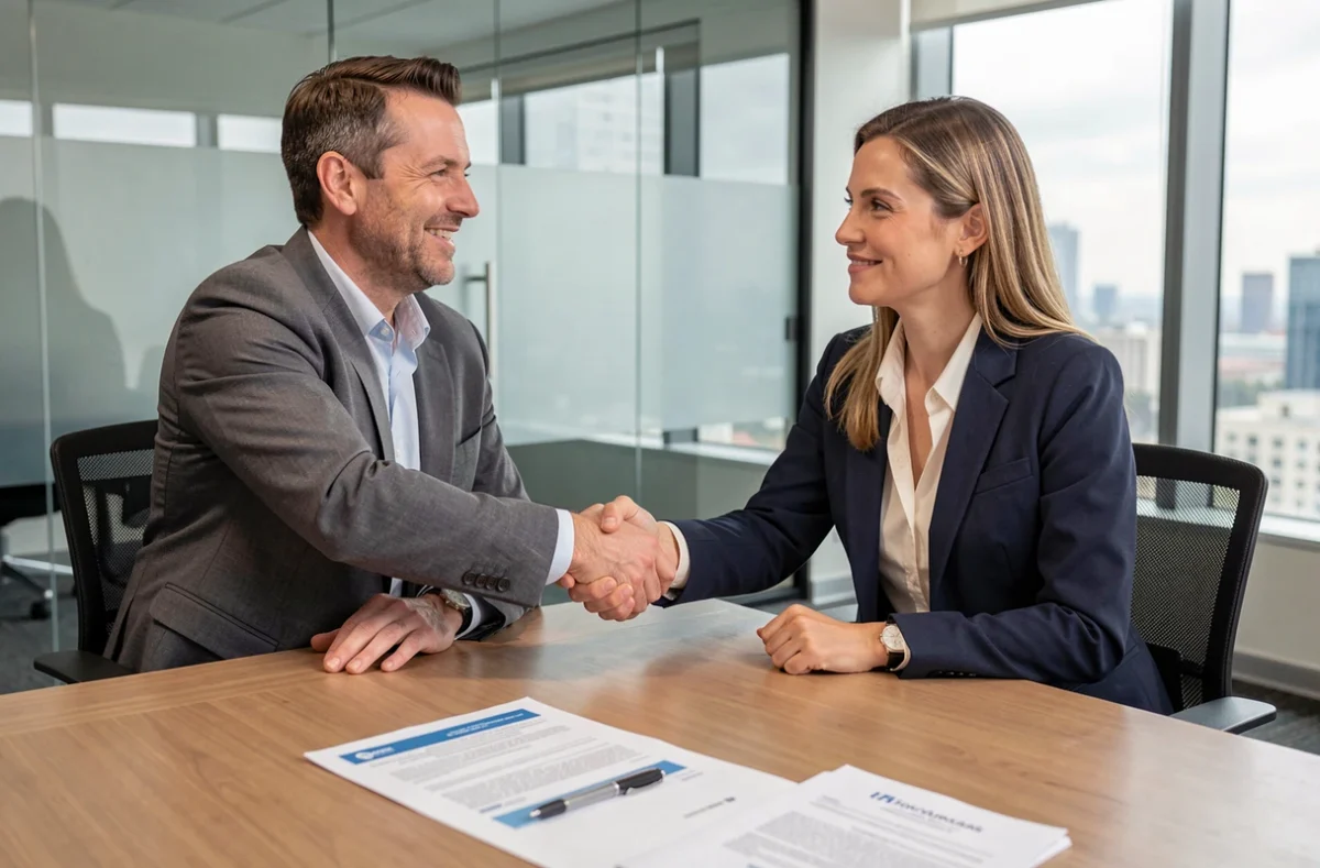 Deux professionnels signant un contrat d'assurance RC pro lors d'une réunion d'affaires