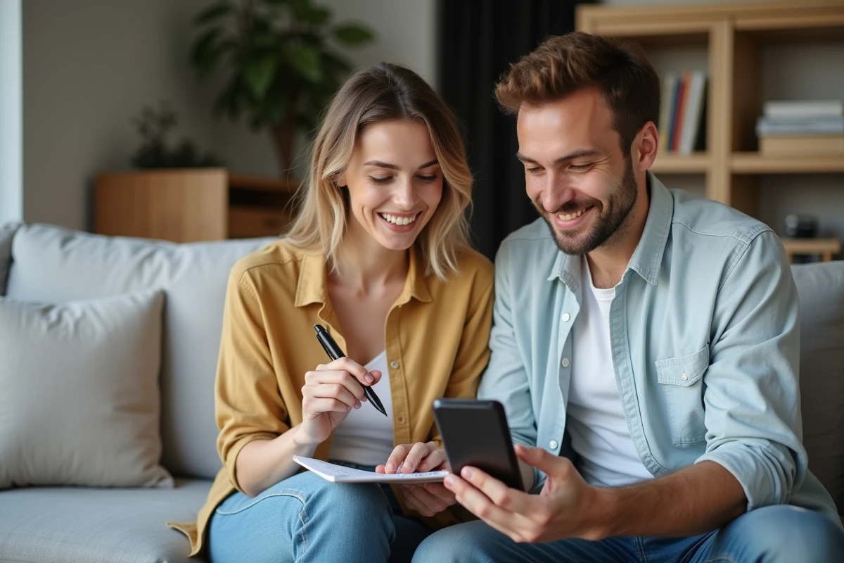 Couple utilisant un simulateur de crédit Macif sur smartphone dans leur salon