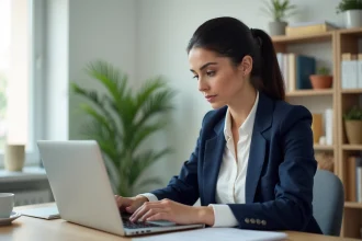 Femme consultant une simulation de crédit Macif sur son ordinateur portable dans un bureau à domicile
