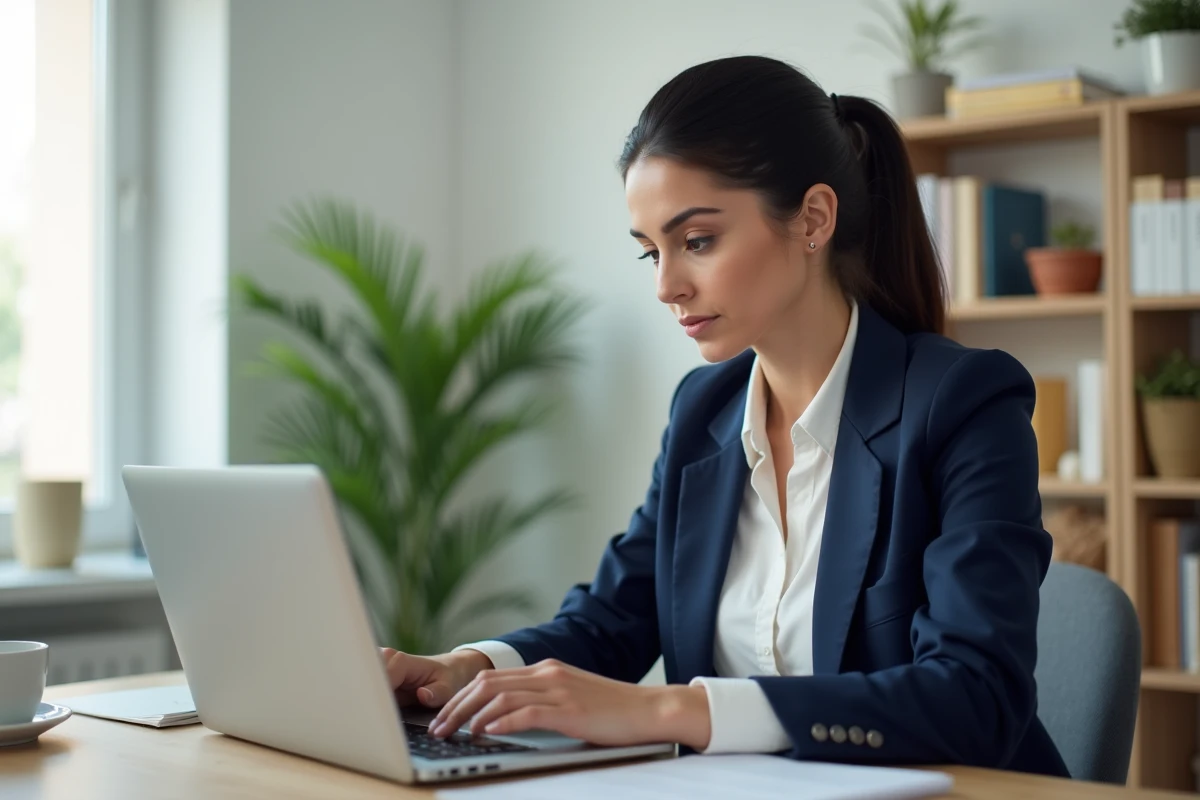 Femme consultant une simulation de crédit Macif sur son ordinateur portable dans un bureau à domicile