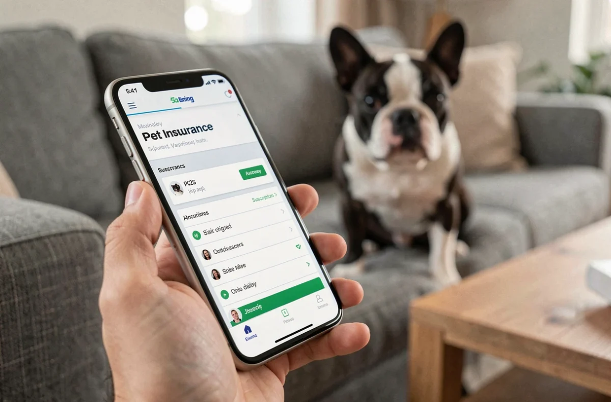 Gros plan sur un smartphone affichant une application bancaire pour souscrire une assurance chien, avec un bouledogue français en arrière-plan