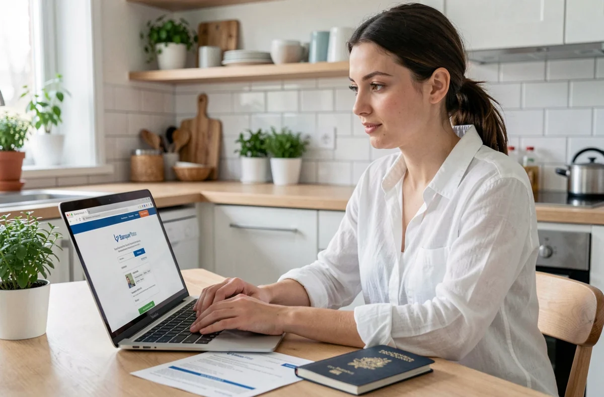 Jeune femme téléchargeant son attestation d'assurance voyage La Banque Postale en ligne