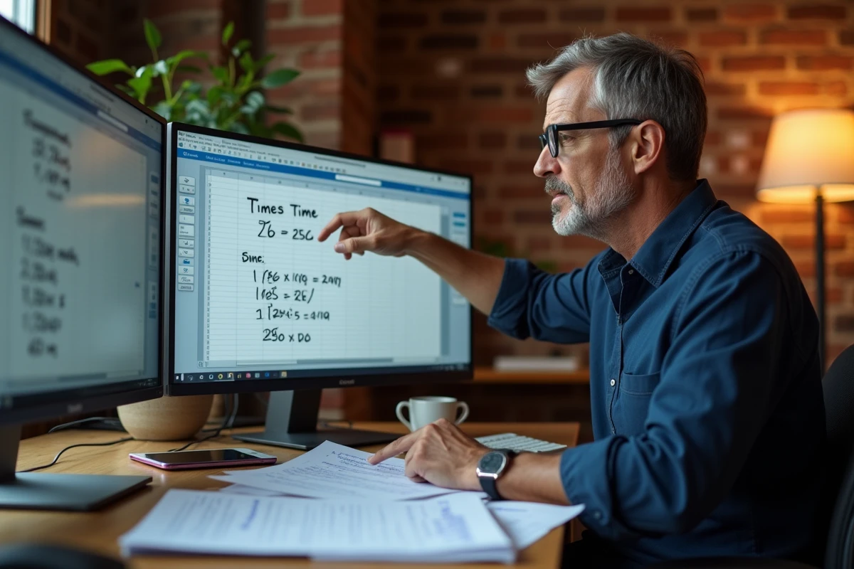 Homme avec lunettes pointant une formule de conversion d'heures centièmes sur un grand écran Google Sheets dans un bureau à domicile