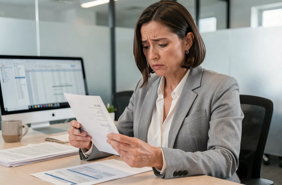 Femme employée vérifiant attentivement sa fiche de paie au bureau pour détecter des erreurs liées au SMIC 25 heures