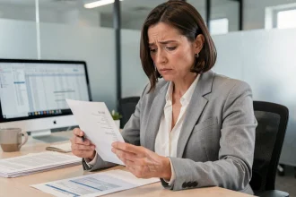 Femme employée vérifiant attentivement sa fiche de paie au bureau pour détecter des erreurs liées au SMIC 25 heures