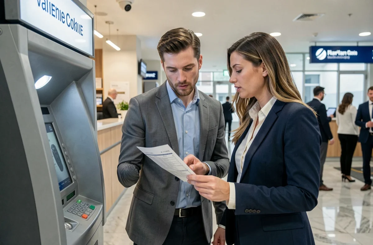 Clients vérifiant leurs opérations bancaires sécurisées au distributeur automatique Banque Populaire