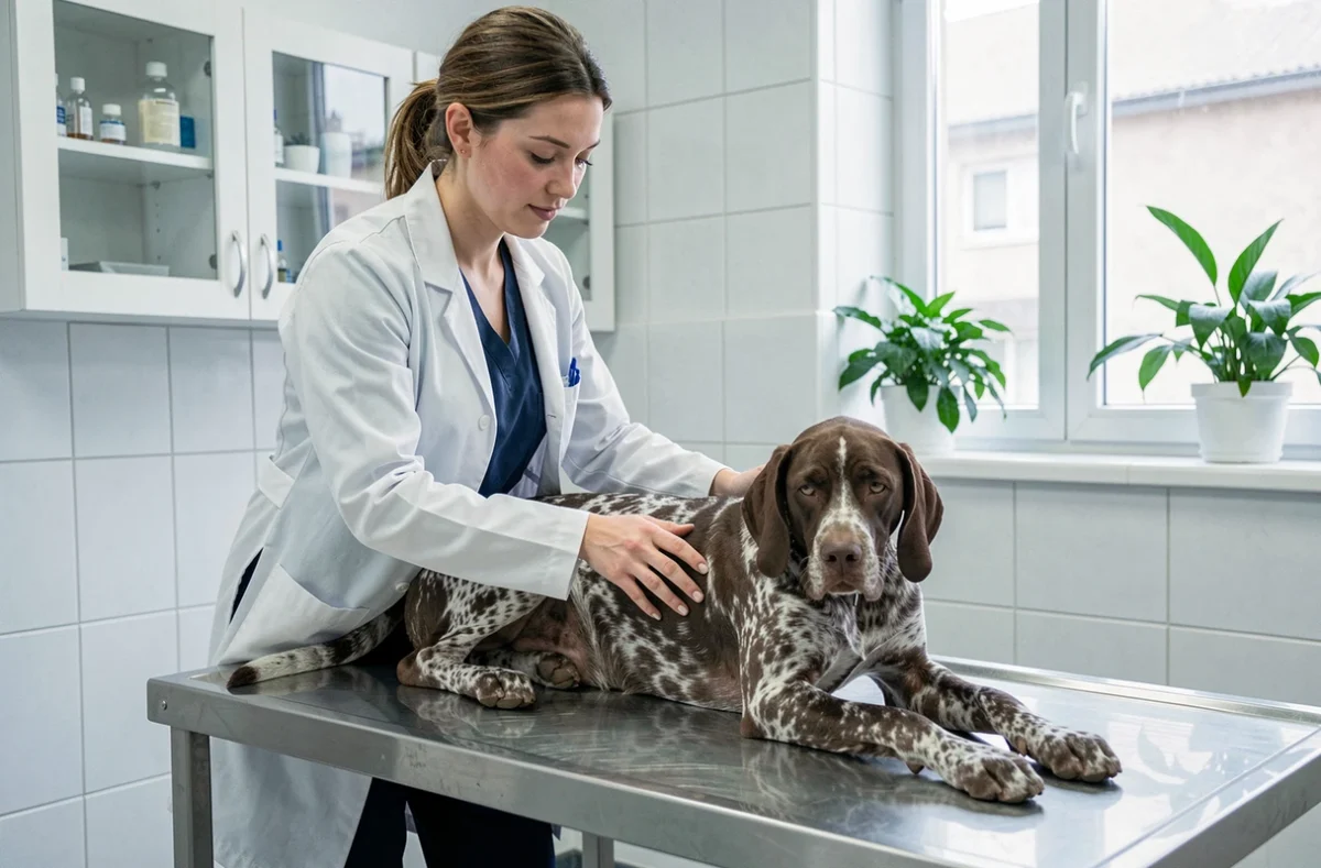 Vétérinaire effectuant un bilan de santé sur un Braque allemand en clinique vétérinaire, dans le cadre d'une assurance santé pour chien de chasse