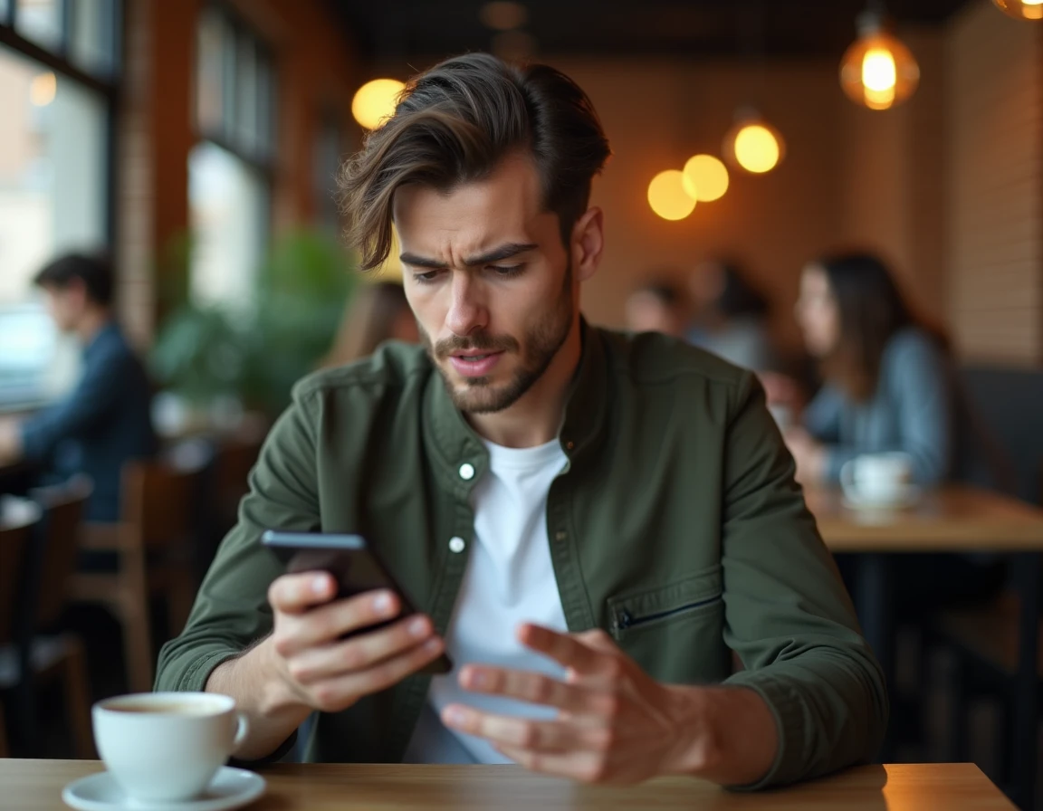 Jeune homme vérifiant le statut d'un virement Western Union bloqué sur son smartphone dans un café