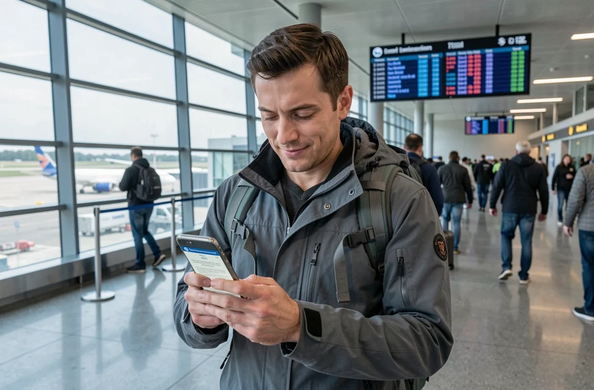 Homme en aéroport international consultant sa confirmation d'assurance voyage sur smartphone avant un long voyage